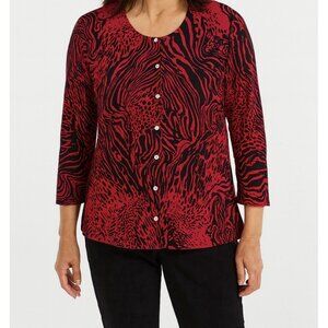 Cable & Gauge L Red Black Animal Print Button Up Cardigan Sweater Rhinestones